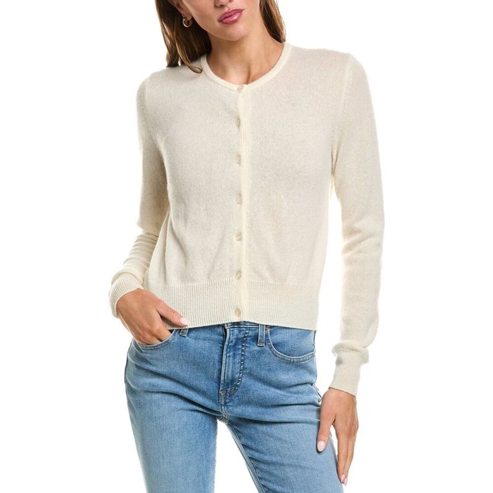 Forte Cashmere Womens  Basic Cropped Button 100% Cashmere Cardigan, White
